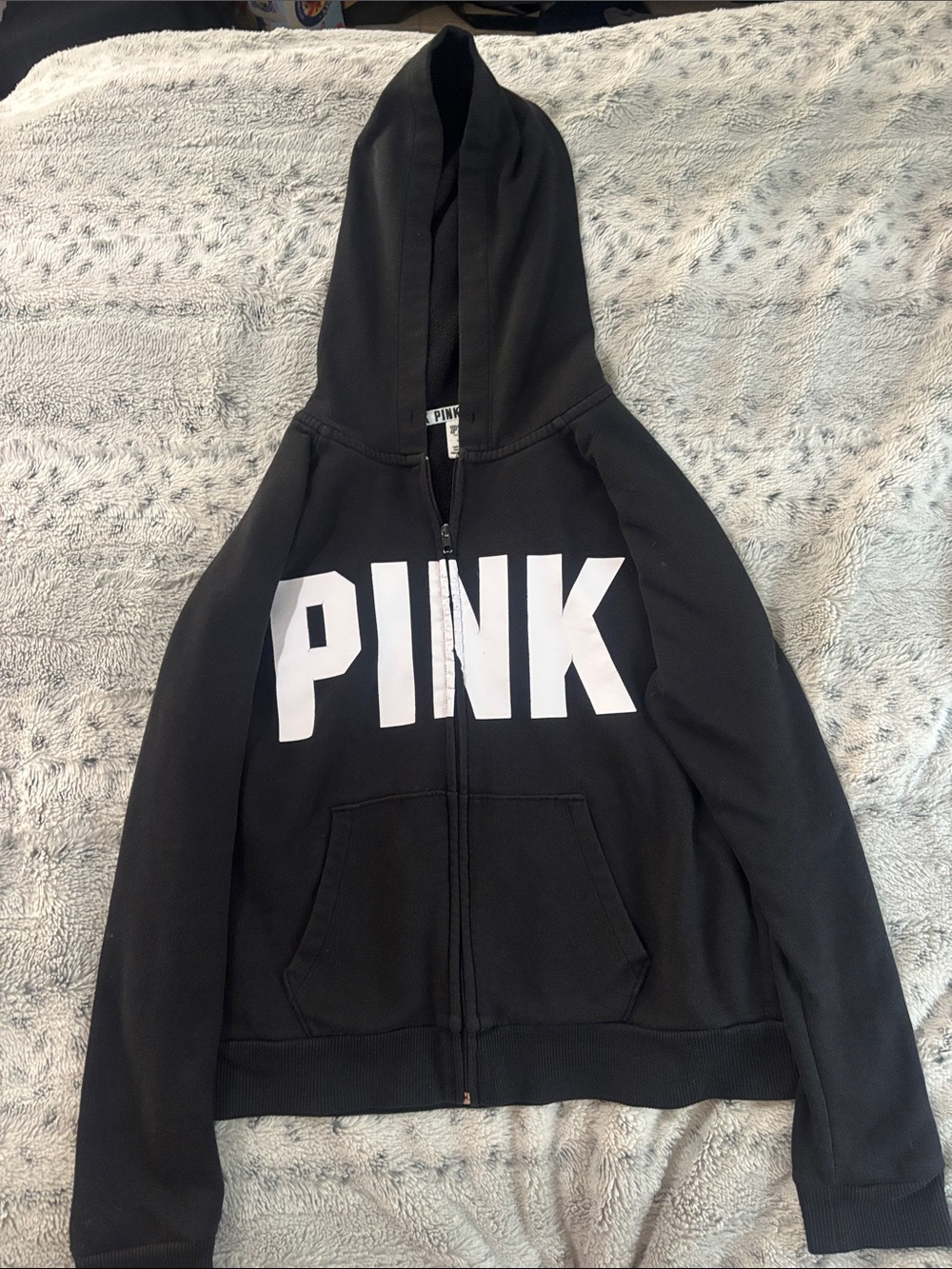 PINK Victoria's Secret Black Zip-Up Hoodie with White Logo